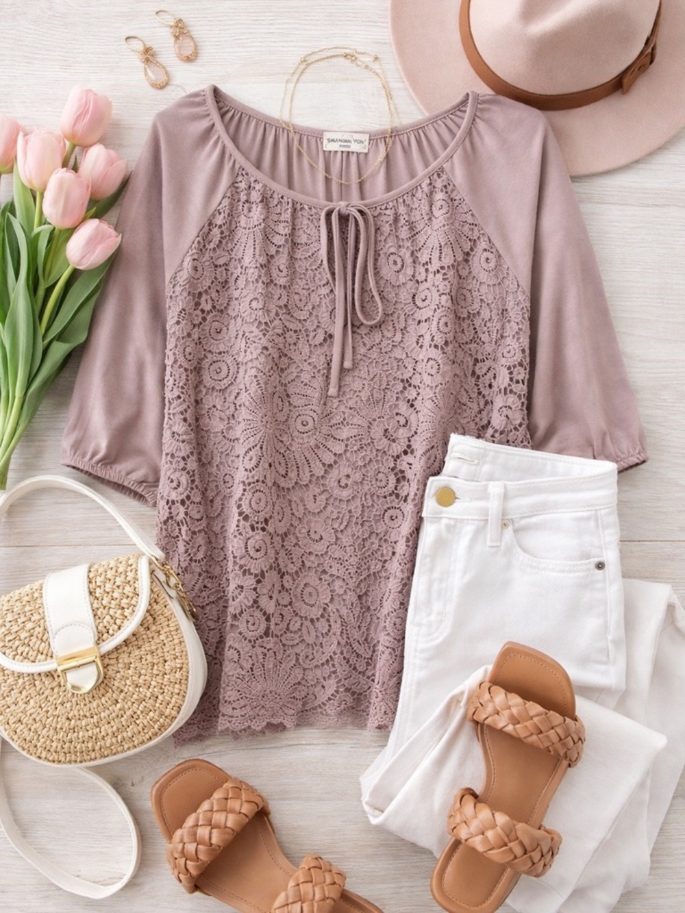 Shannon Ford NY Lace Blouse Mauve Tie Neck Boho Top- 3/4 Sleeve  Size: Large
